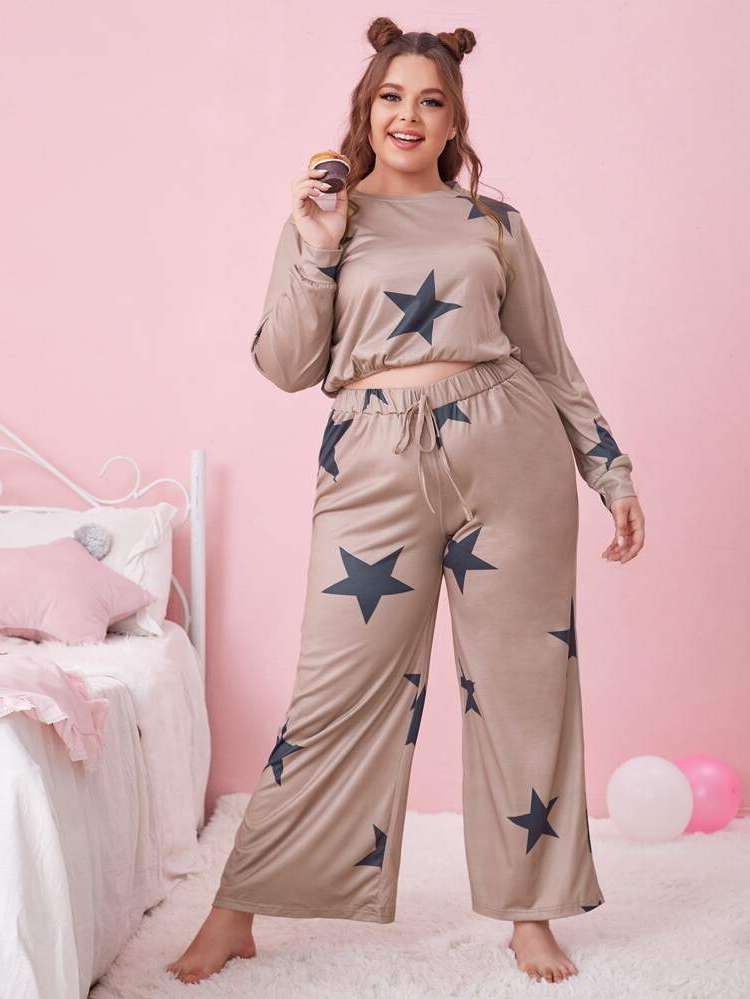 Round Neck Long Sleeve Geometric Plus Size Pajama Sets 836