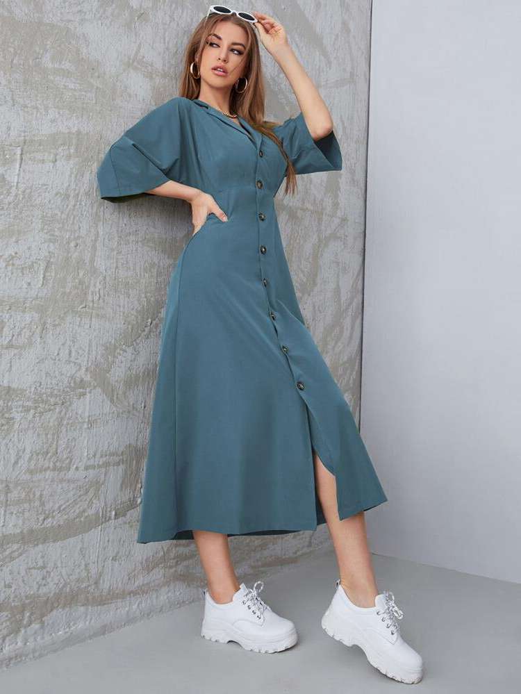 Lapel Midi Regular Fit Plicated Women Dresses 9677