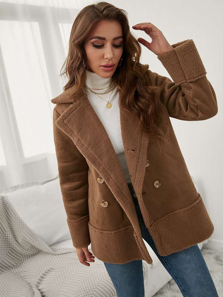  Brown Plain Casual Women Outerwear 3405