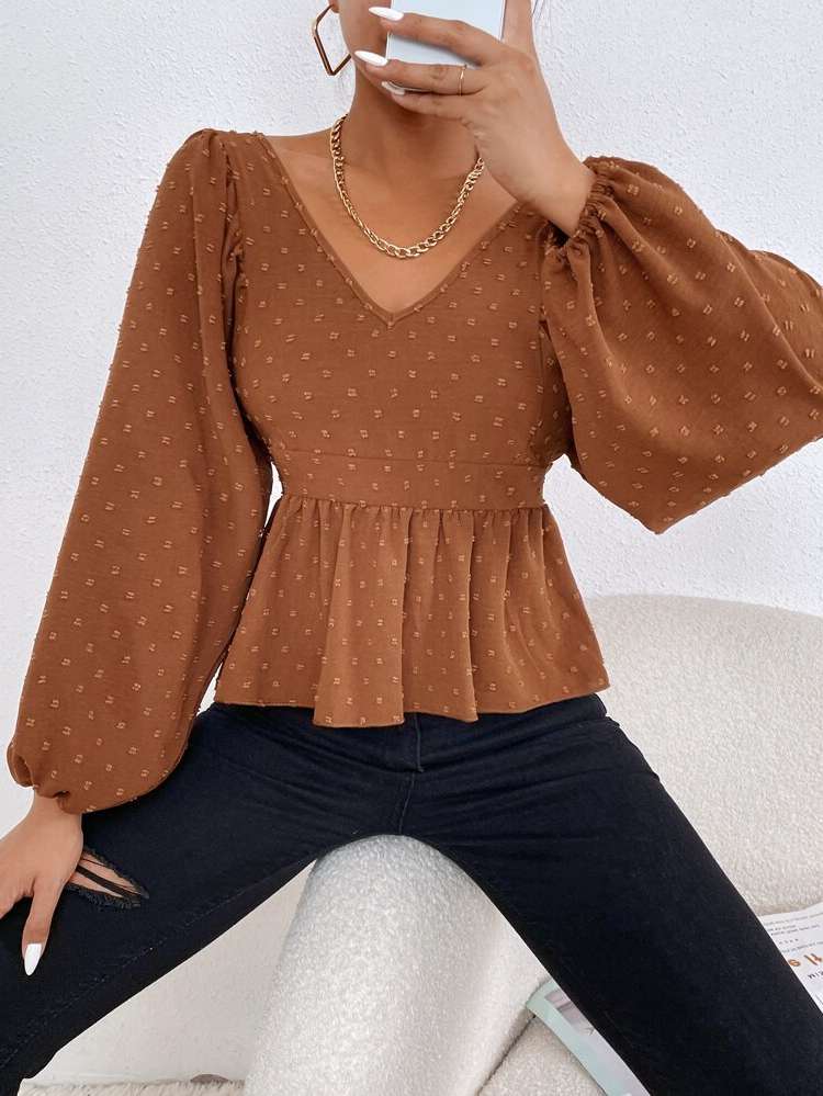 Plain Long Sleeve V neck Brown Women Blouses 919