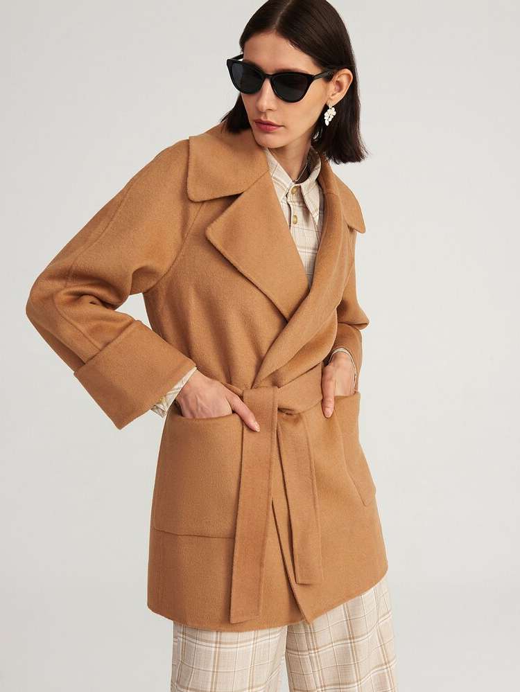 Regular Fit Plain Short Brown Women Overcoats 4201