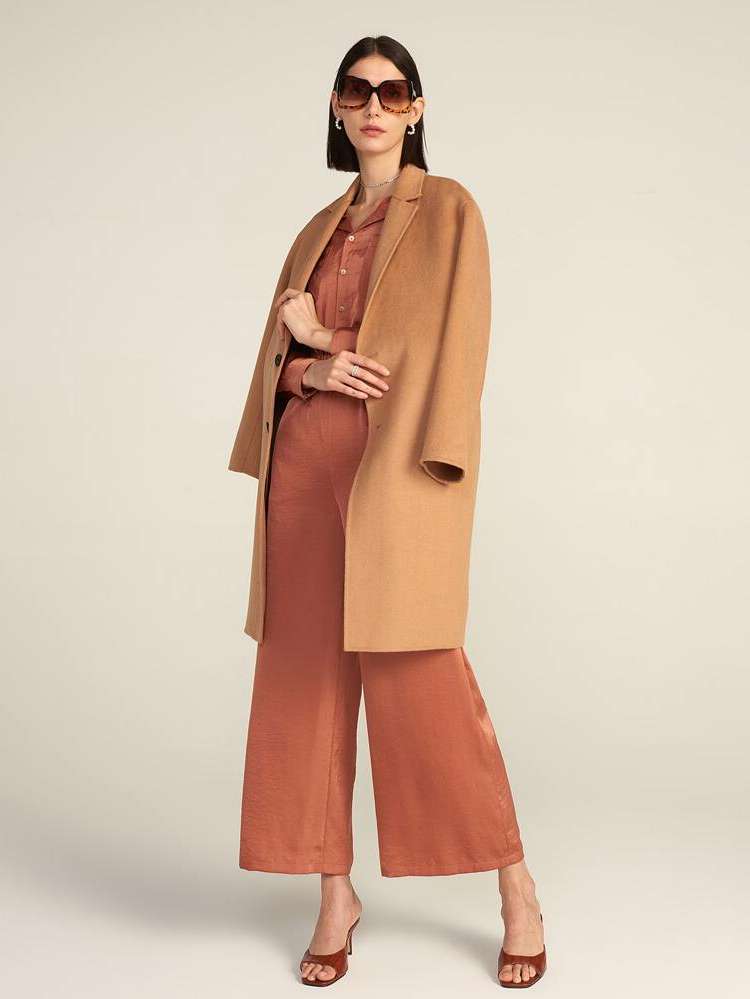 Knee Length Oversized Button Front Brown Women Overcoats 7235