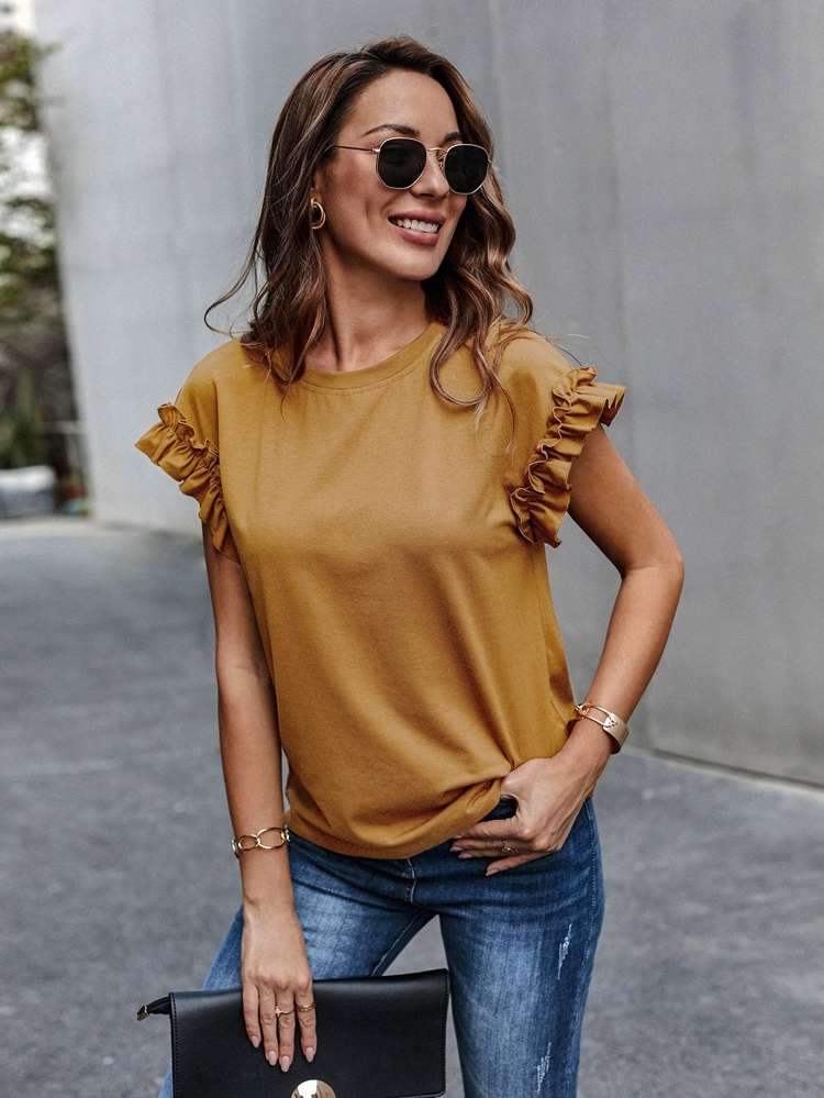 Round Neck  Cap Sleeve Women Clothing 9630