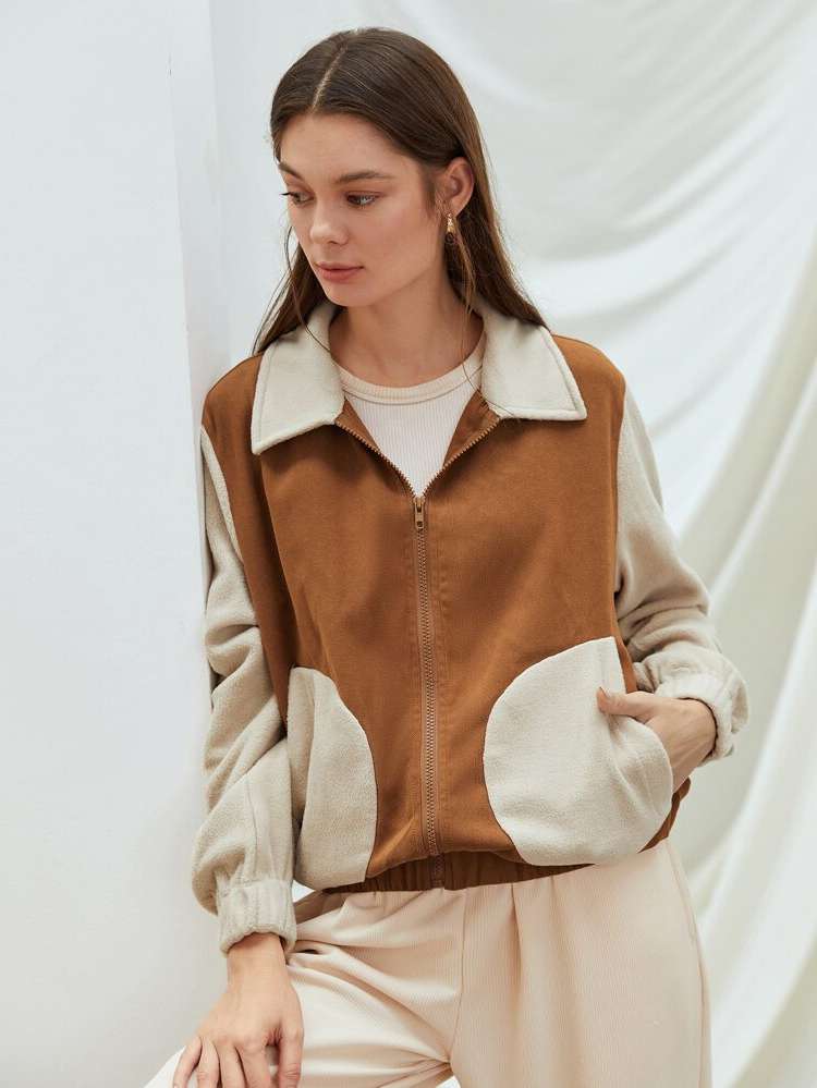 Pocket Brown Colorblock Casual Women Outerwear 329