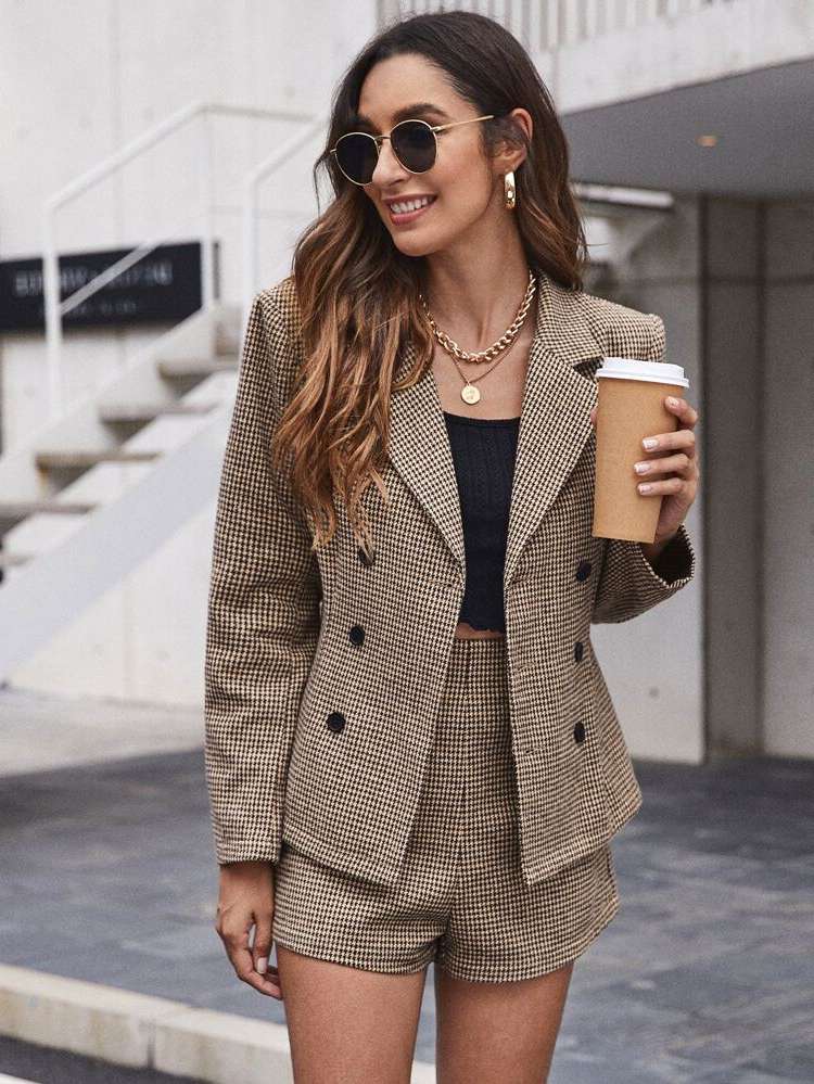 Regular Fit Long Sleeve Double Button Houndstooth Women Suit Sets 209