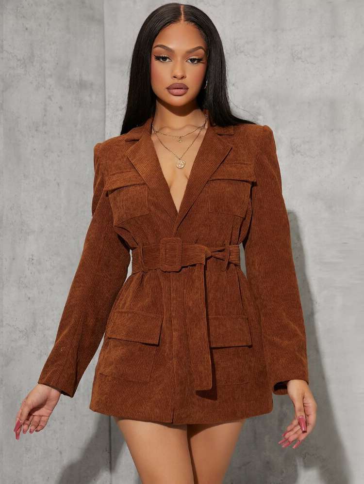 Plain Belted Brown Lapel Women Outerwear 328