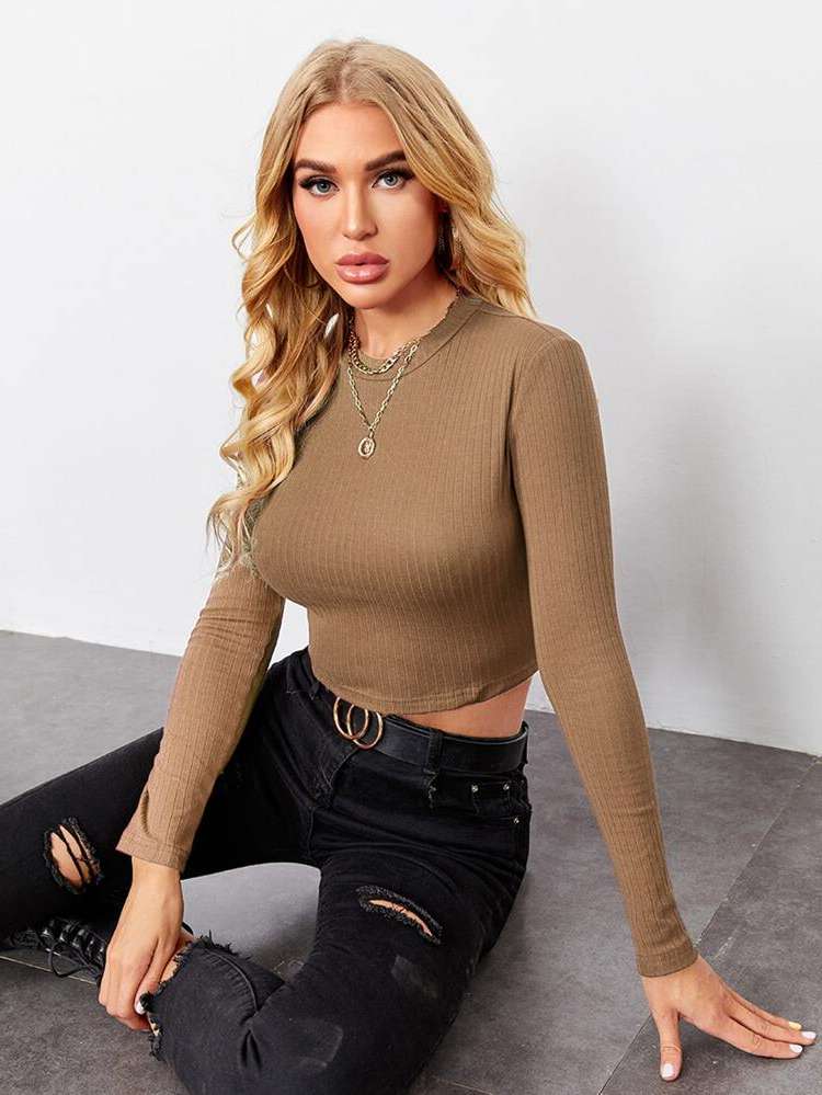 Crop Long Sleeve Slim Fit Women T-Shirts 8448