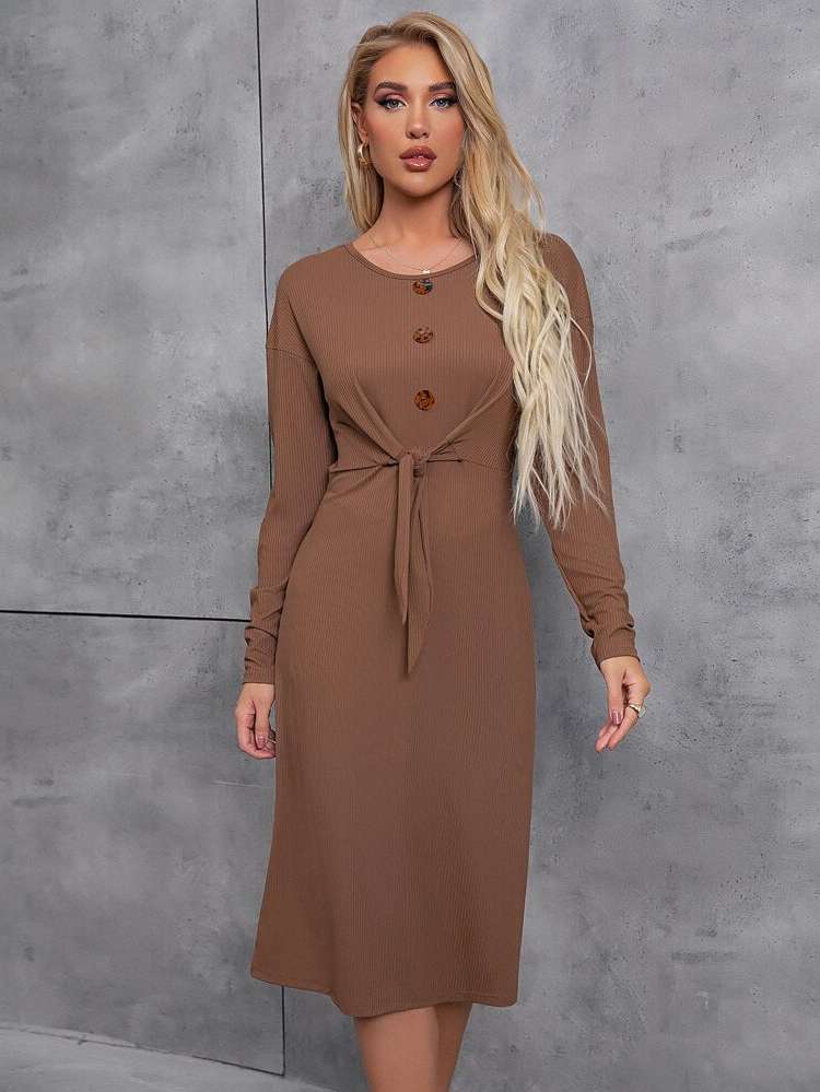 Long Sleeve Button Round Neck Elegant Women Dresses 8953