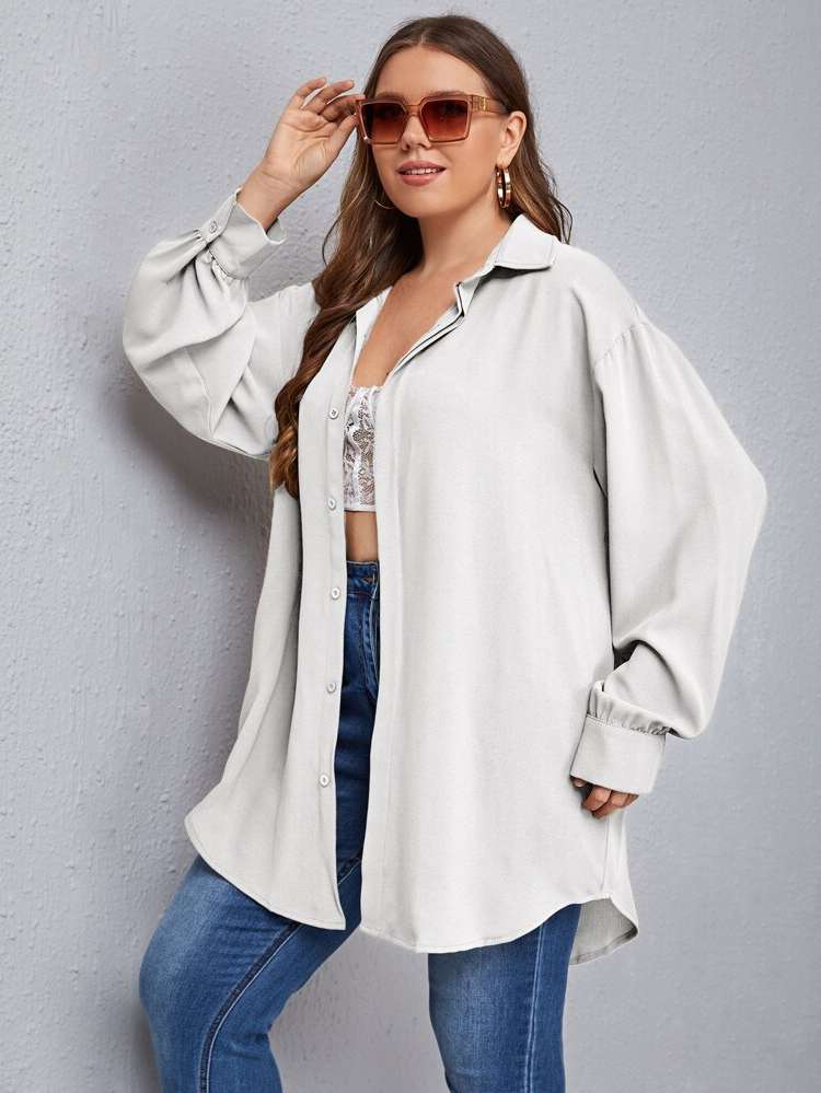 Brown Plain Collar Button Front Plus Size Tops 8252