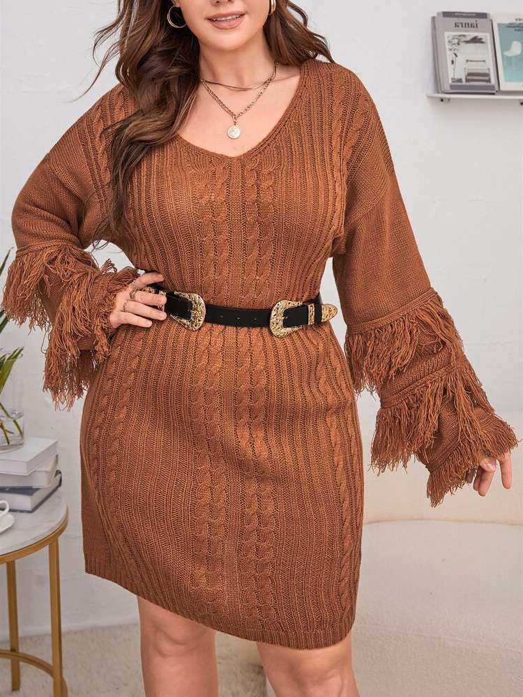  Brown Long Sleeve Plus Size Knitwear 9805