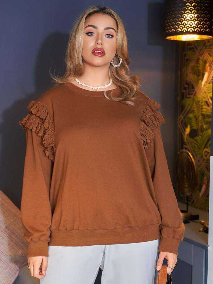 Round Neck Regular Fit Brown Casual Plus Size Sweatshirts 510