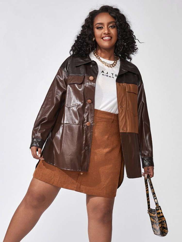 Colorblock Long Sleeve Short Brown Plus Size Coats 7923