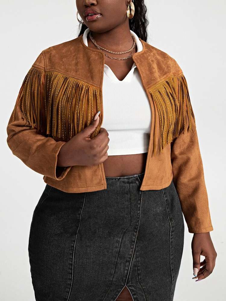  Casual Crop Brown Plus Size Jackets 621