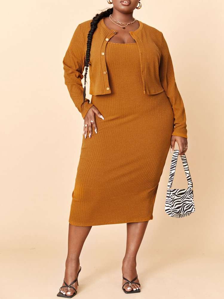 Plain Long Sleeve Brown Elegant Plus Size Co-Ords 318