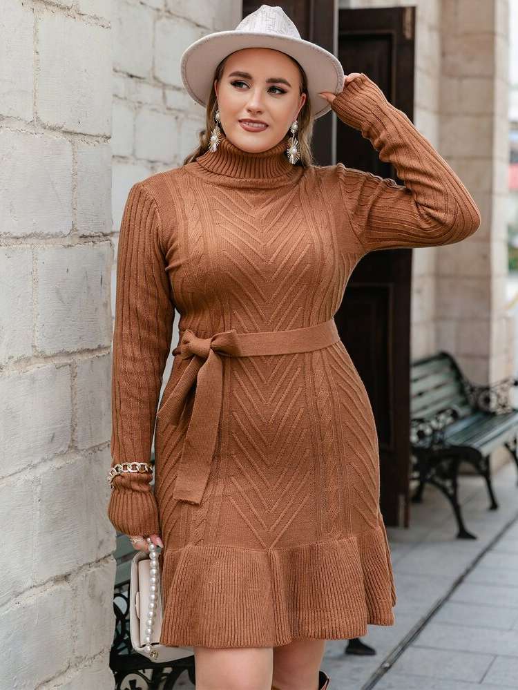 High Neck Brown Short Plus Size Sweater Dresses 383