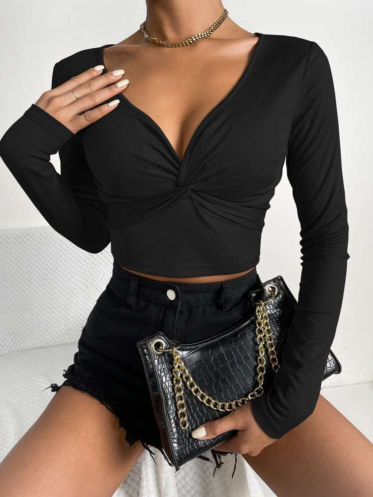 Twist V neck Long Sleeve Crop Women Tops, Blouses  Tee 3703