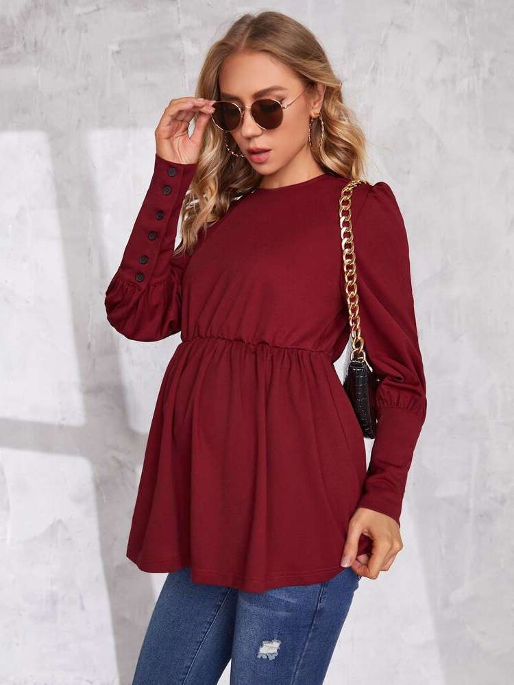 Burgundy Elegant Plain Round Neck Maternity Tops 3464