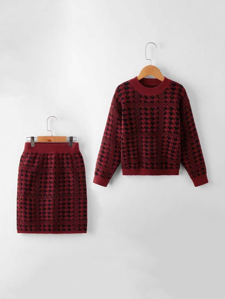 Round Neck Houndstooth Long Sleeve Girls Sweater Co-ords 82