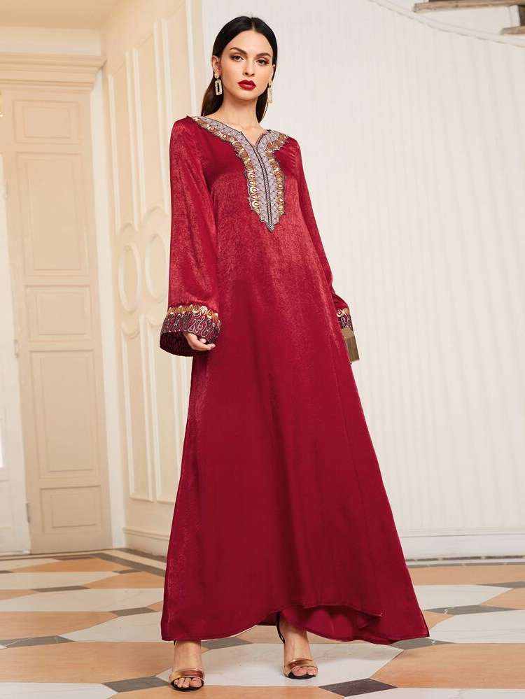  Colorblock Burgundy Long Sleeve Kaftan  Jalabiya 866