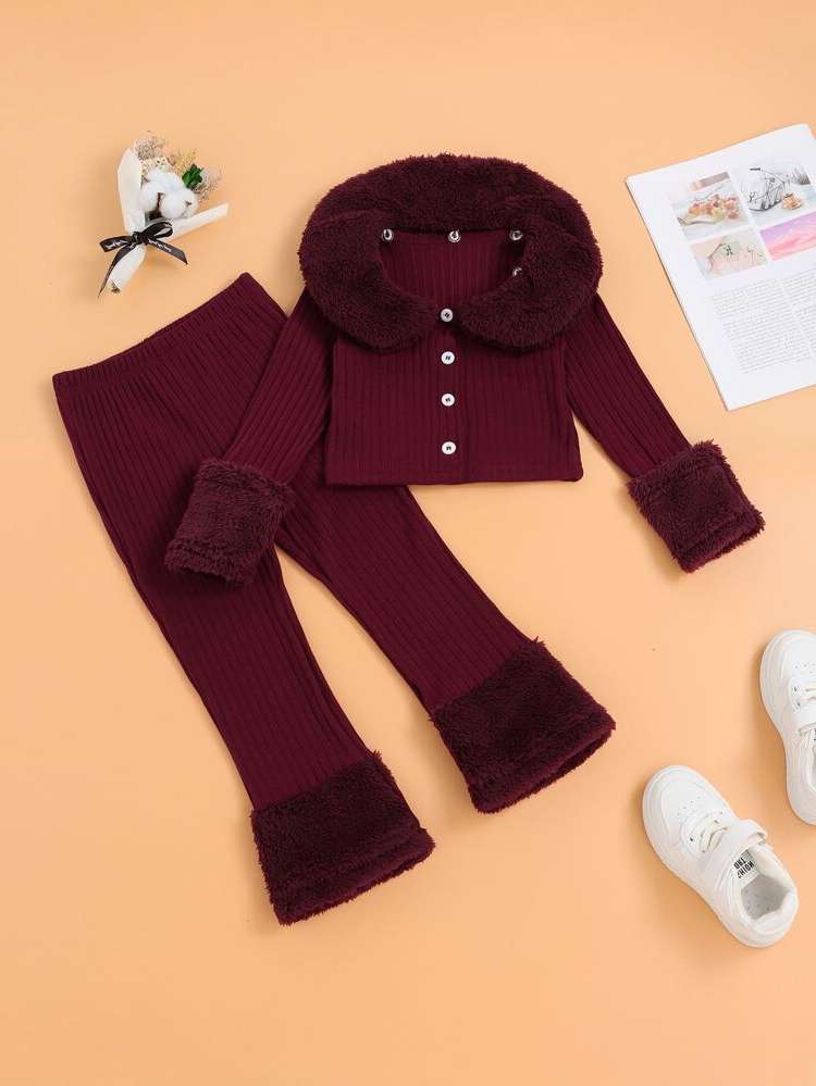 Contrast Faux Fur Collar Long Sleeve Plain Kids Clothing 7844