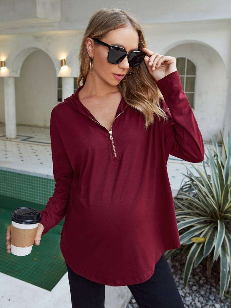 Long Sleeve Plain Burgundy Maternity 1942