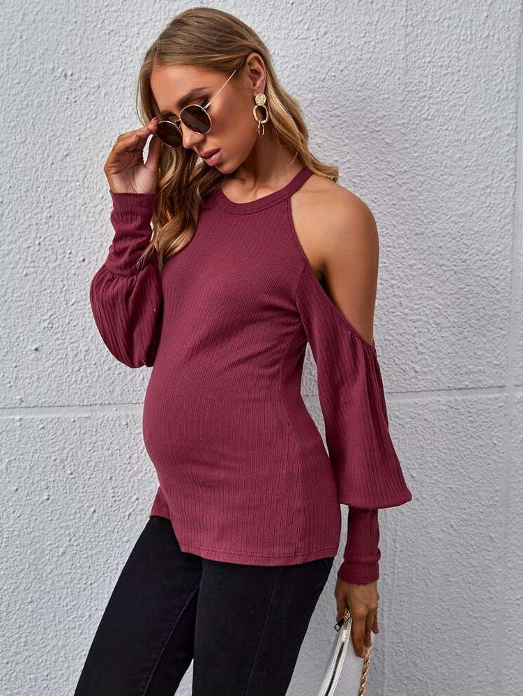 Burgundy Cut Out Elegant Long Sleeve Maternity 351