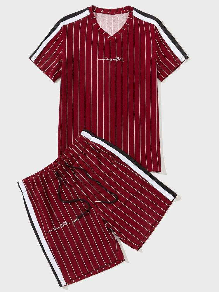 Burgundy Round Neck Striped Men Clothing 657