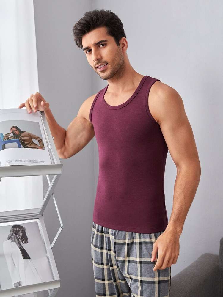  Burgundy Plain Sleeveless Men Loungewear Tops 9037