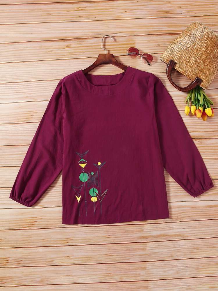 Long Burgundy Round Neck Plus Size Tops 280