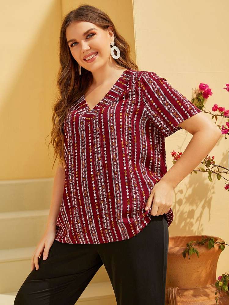 Regular Burgundy V neck Short Sleeve Women Plus Clothing 2185