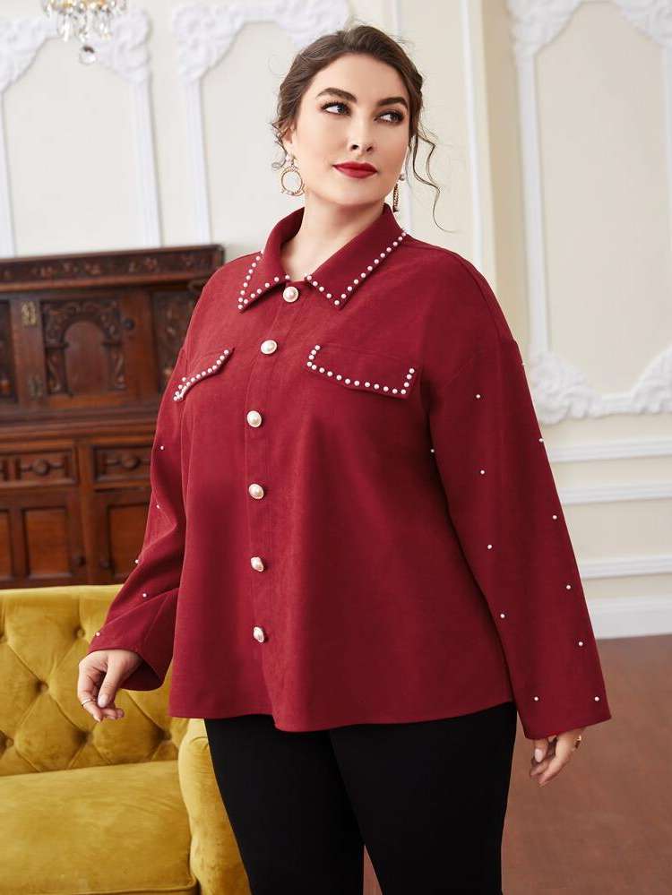 Regular Fit Burgundy Elegant Long Sleeve Plus Size Jackets 7497