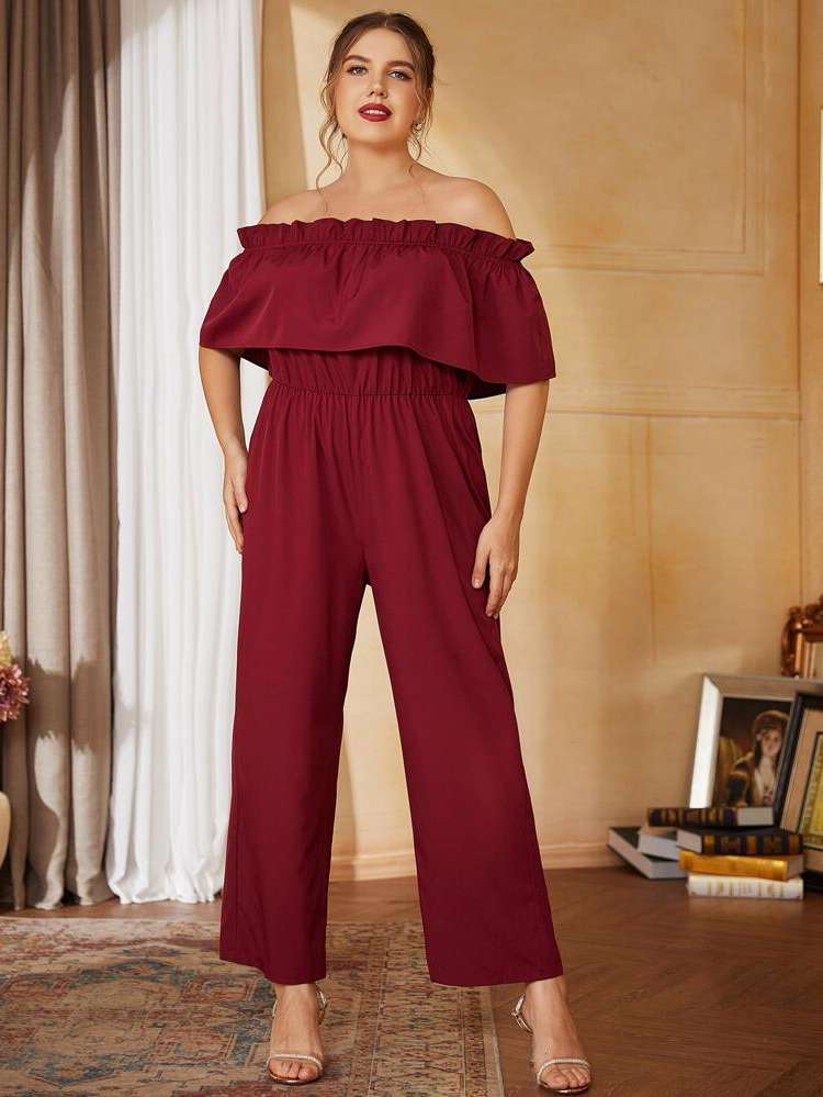 Frill Elegant Short Sleeve Burgundy Plus Size Jumpsuits 434