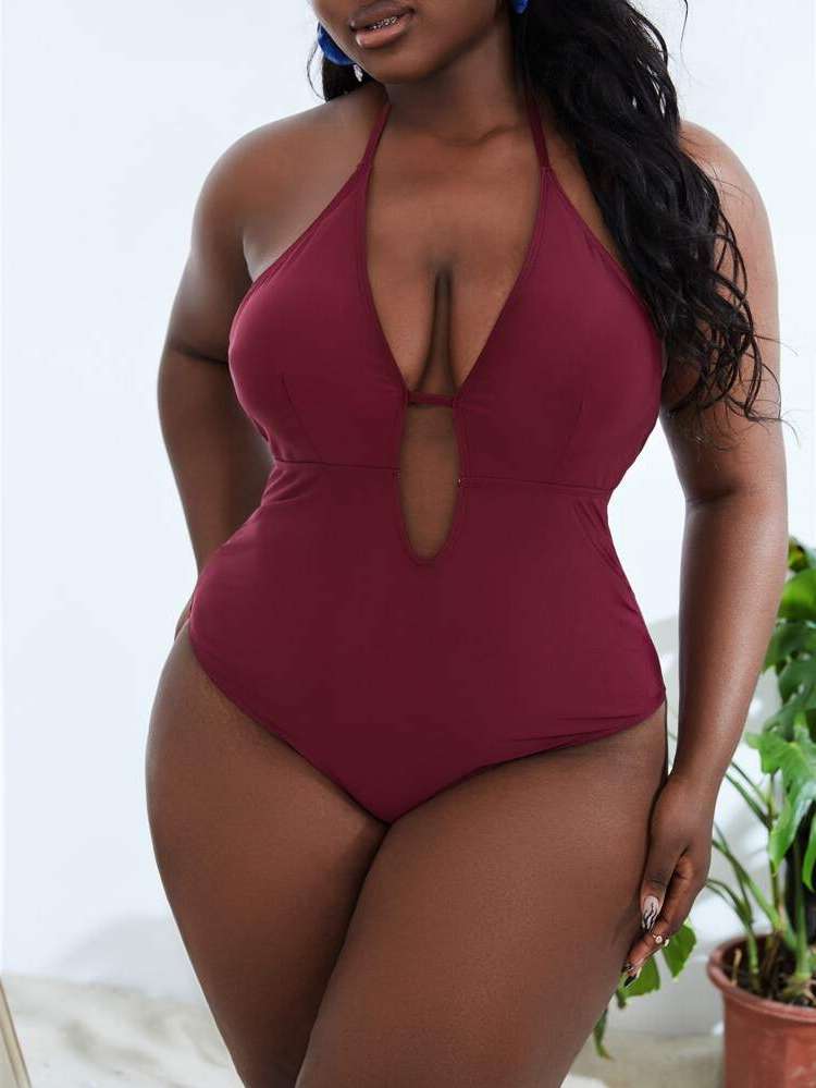 Burgundy Halter Plain Plus Size Beachwear 4970