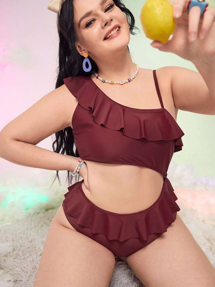 Plain Cut Out Cute Burgundy Plus Size Beachwear 3846