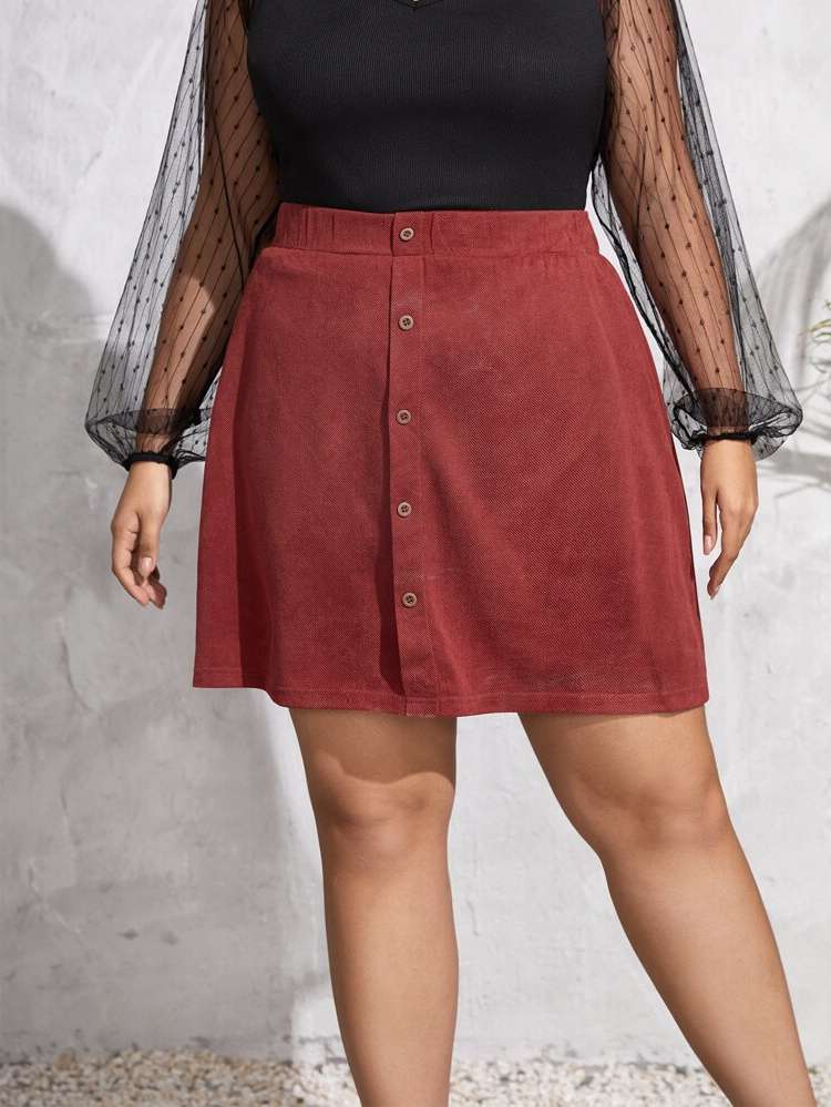 Button Front Regular Fit Casual Plus Size Skirts 899