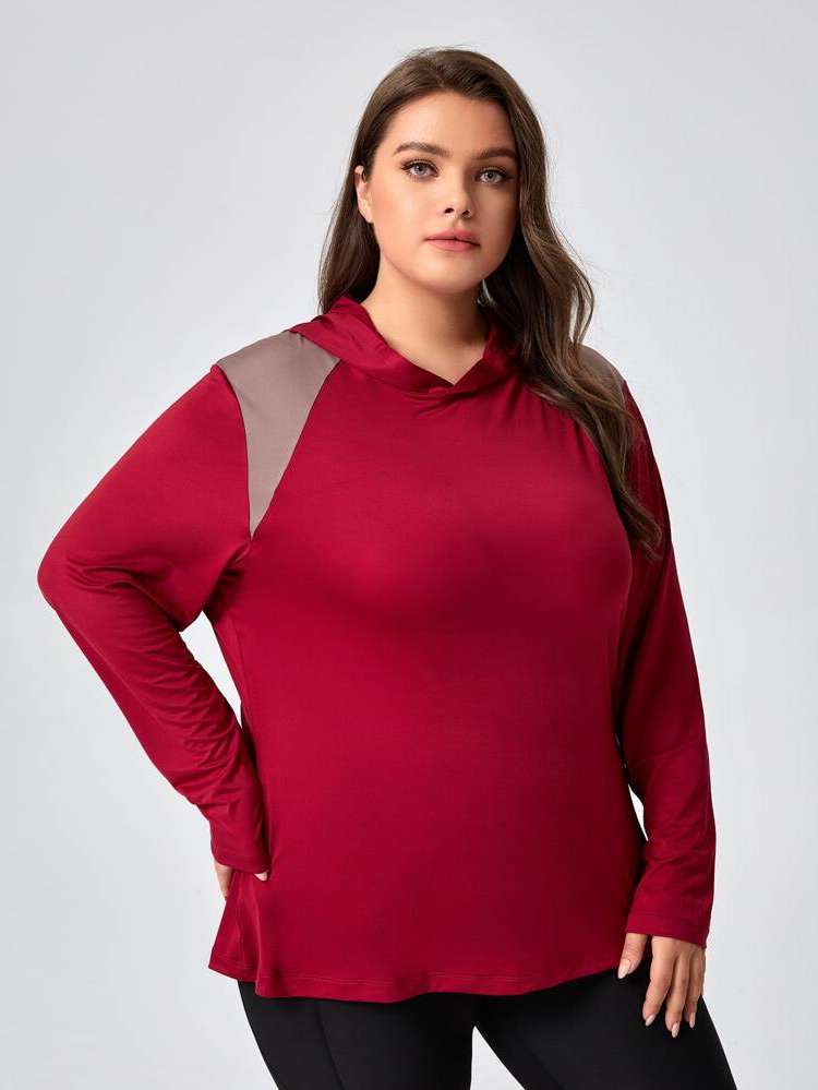 Burgundy Colorblock Regular Plus Size Sports Tops 7017