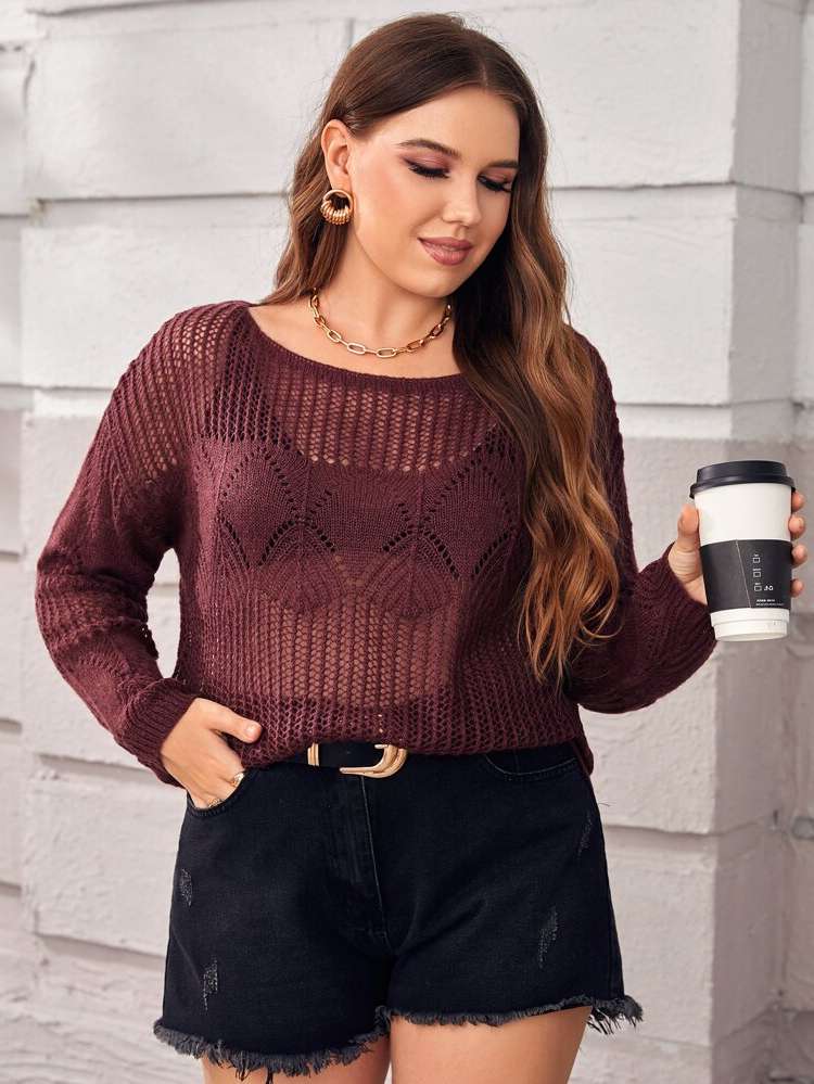  Plain Burgundy Plus Size Sweaters 8330