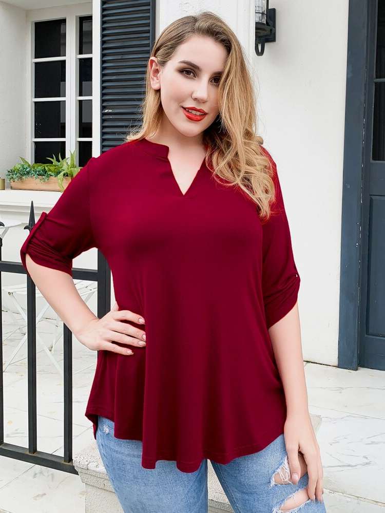  Regular Long Sleeve Notched Plus Size Tops 5939