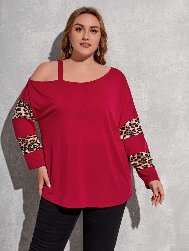 Leopard Asymmetrical Asymmetrical Neck Women Plus Clothing 9049