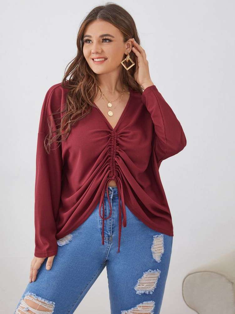 Drawstring Burgundy Regular Casual Women Plus Clothing 9311