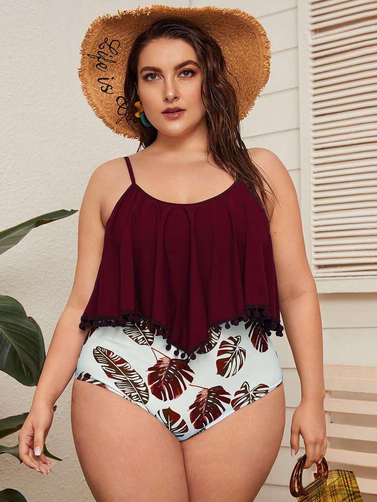 Tropical Boho Spaghetti Strap Burgundy Plus Size Tankinis 615