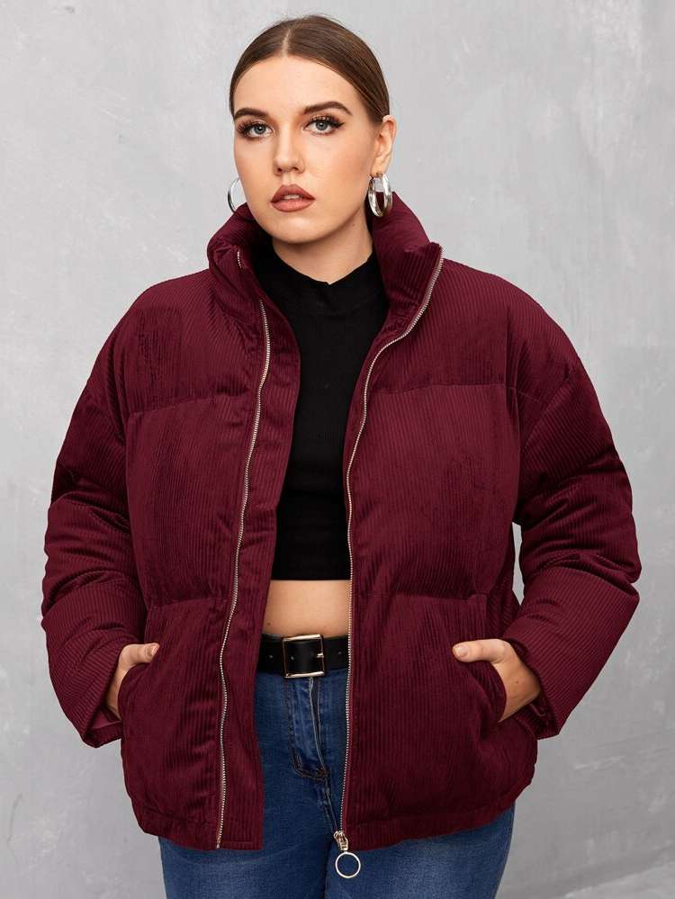 Plain Burgundy Long Sleeve Plus Size Winter Coats 5136