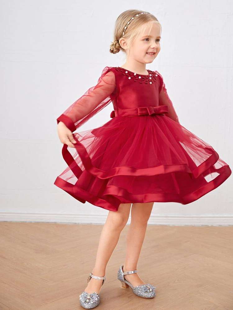 Regular Fit Glamorous Knee Length Pearls Toddler Girl Partywear 587