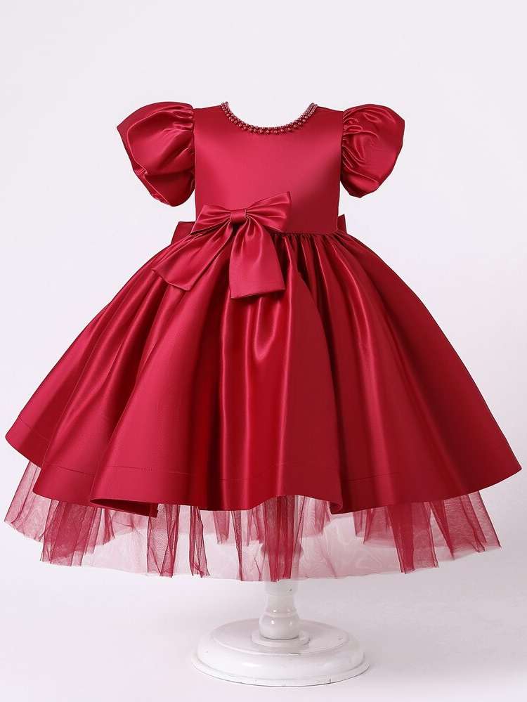 Burgundy Glamorous Plain Short Sleeve Kids Clothing 6991