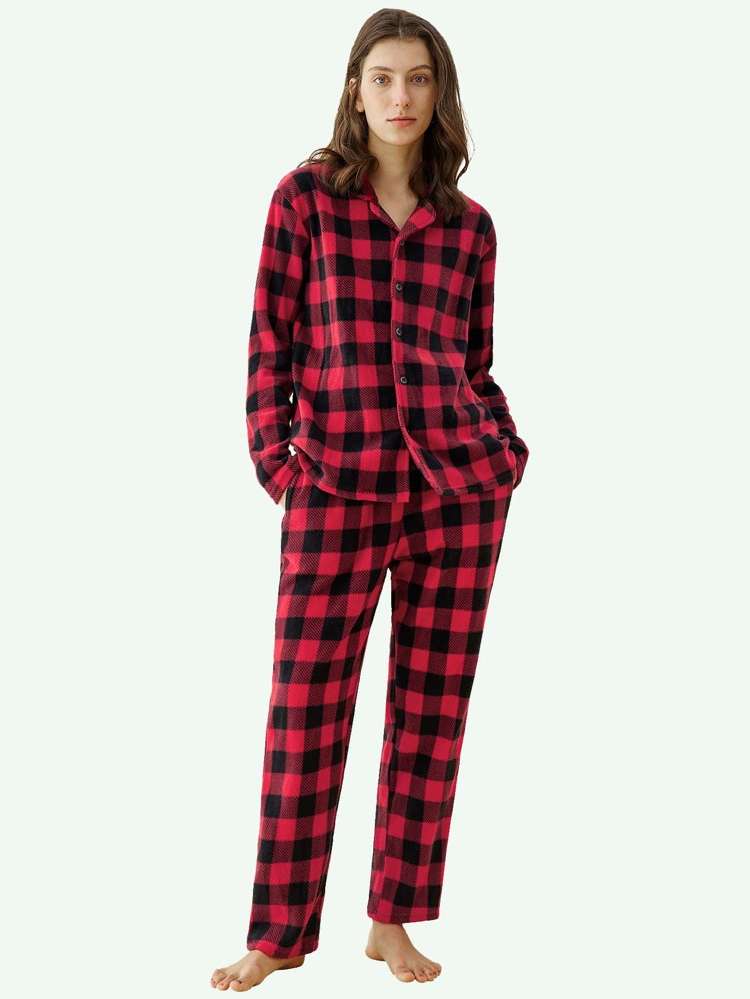  Long Sleeve Burgundy Gingham Women Sleepwear 3540