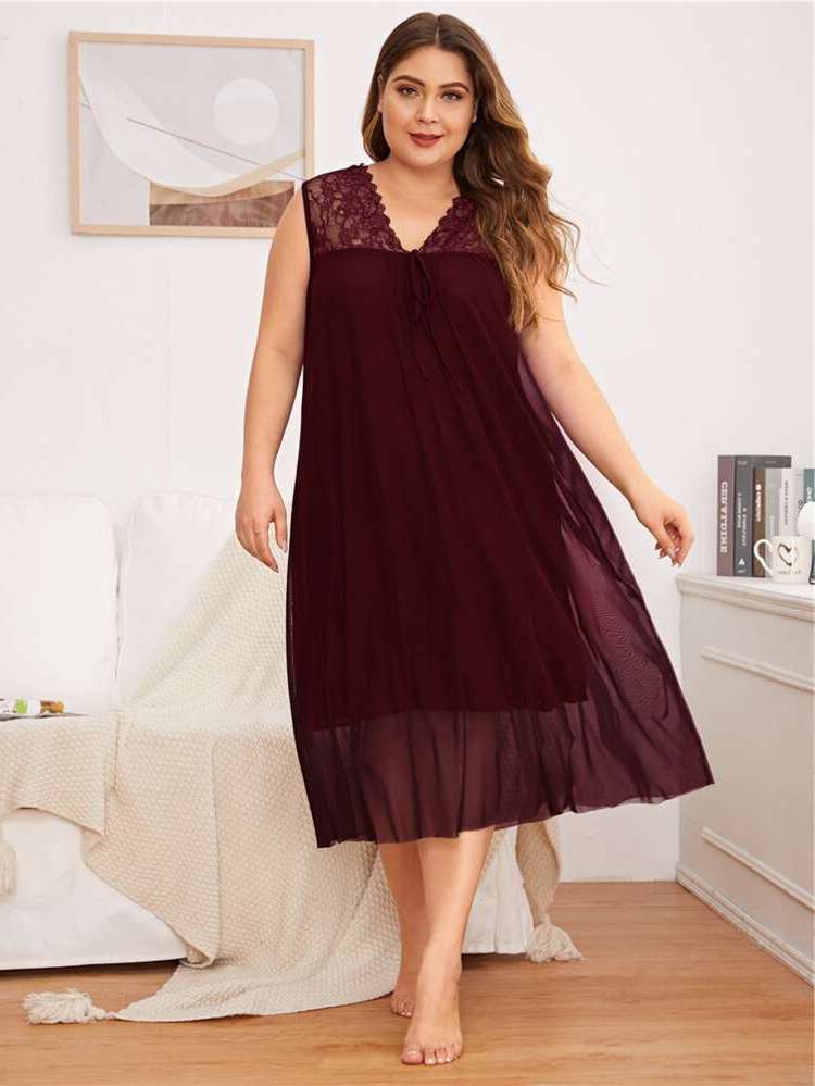 Contrast Lace Sleeveless Burgundy Underwear  Sleepwear 89