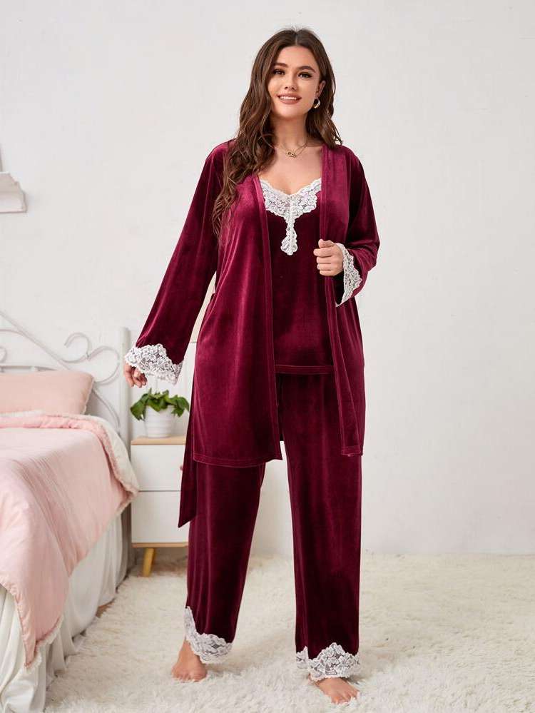 Burgundy Elegant Belted Plus Size Robes  Robe Sets 5512