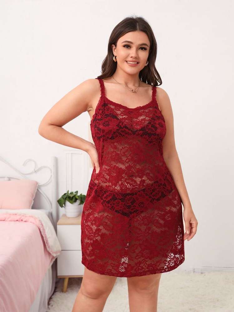 Sexy Sleeveless Burgundy Spaghetti Strap Women Plus Sleep  Lounge 858