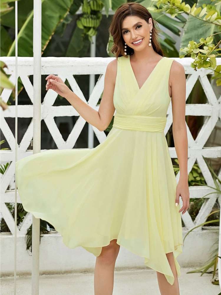 Elegant Asymmetrical V neck Midi Wedding  Special 5070