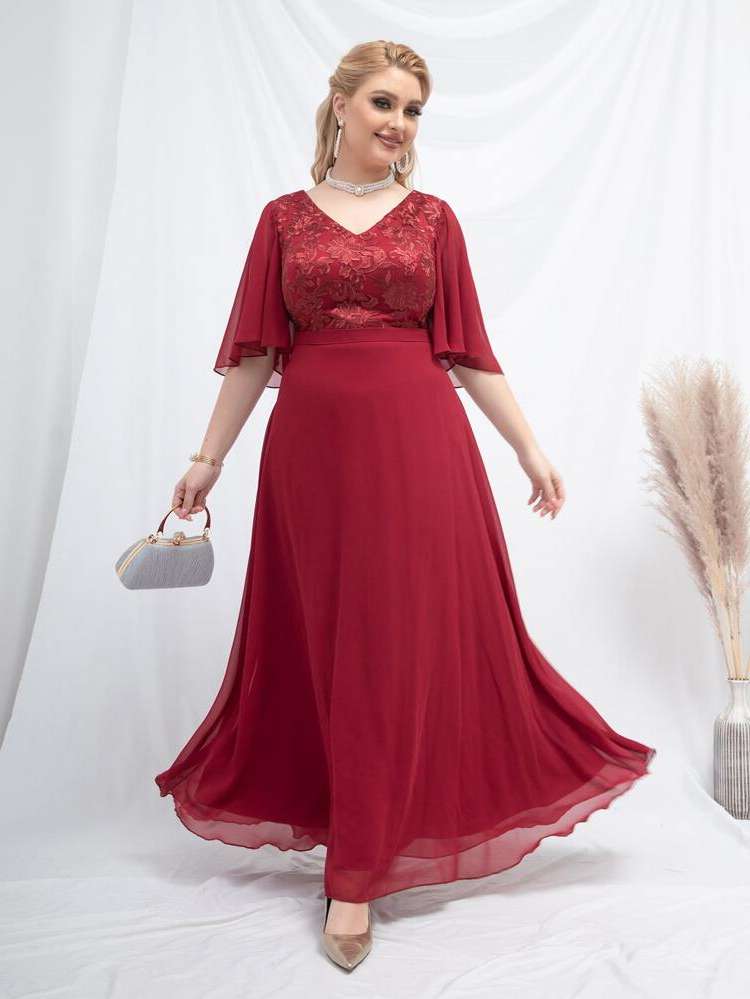 V neck Contrast Lace Burgundy Wedding  Special 909